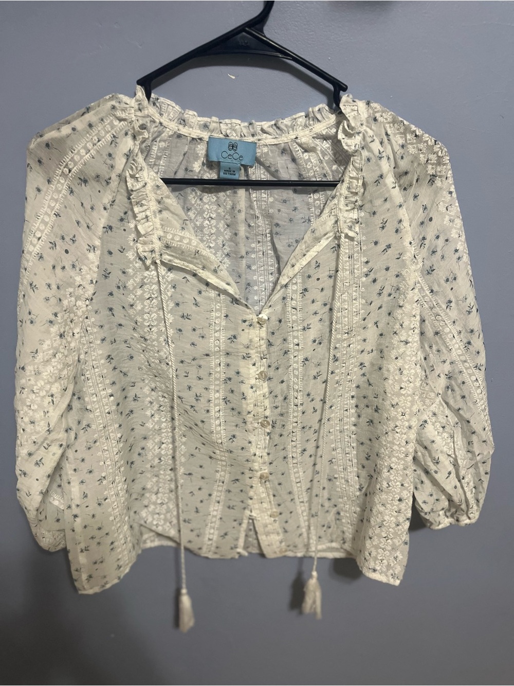 CeCe Cream Peasant Blouse with Blue Floral Dots